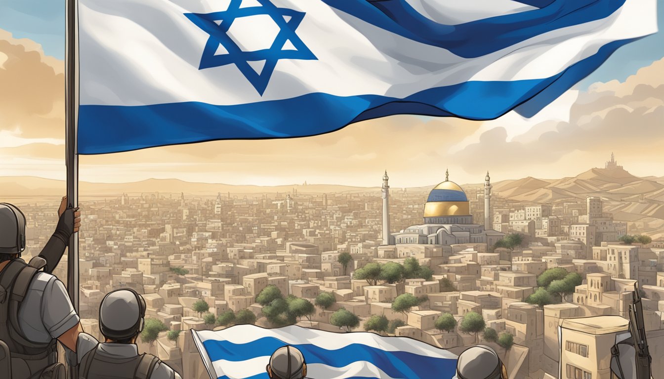 TYR supports Israel. A flag of Israel is displayed prominently, with a backdrop of a diverse and bustling city, symbolizing both the support and the challenges of the future