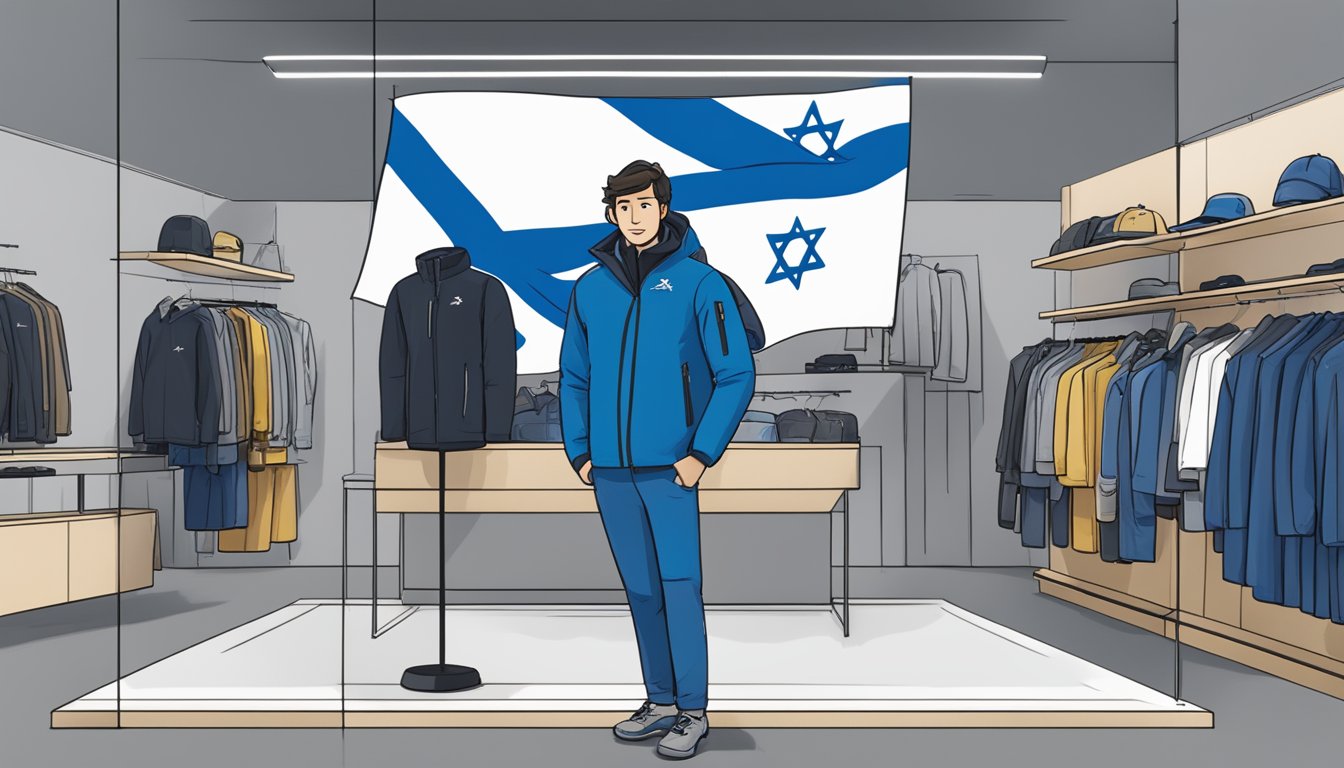 A person wearing an Arc'teryx jacket holds an Israeli flag while standing in front of a store display of Arc'teryx products