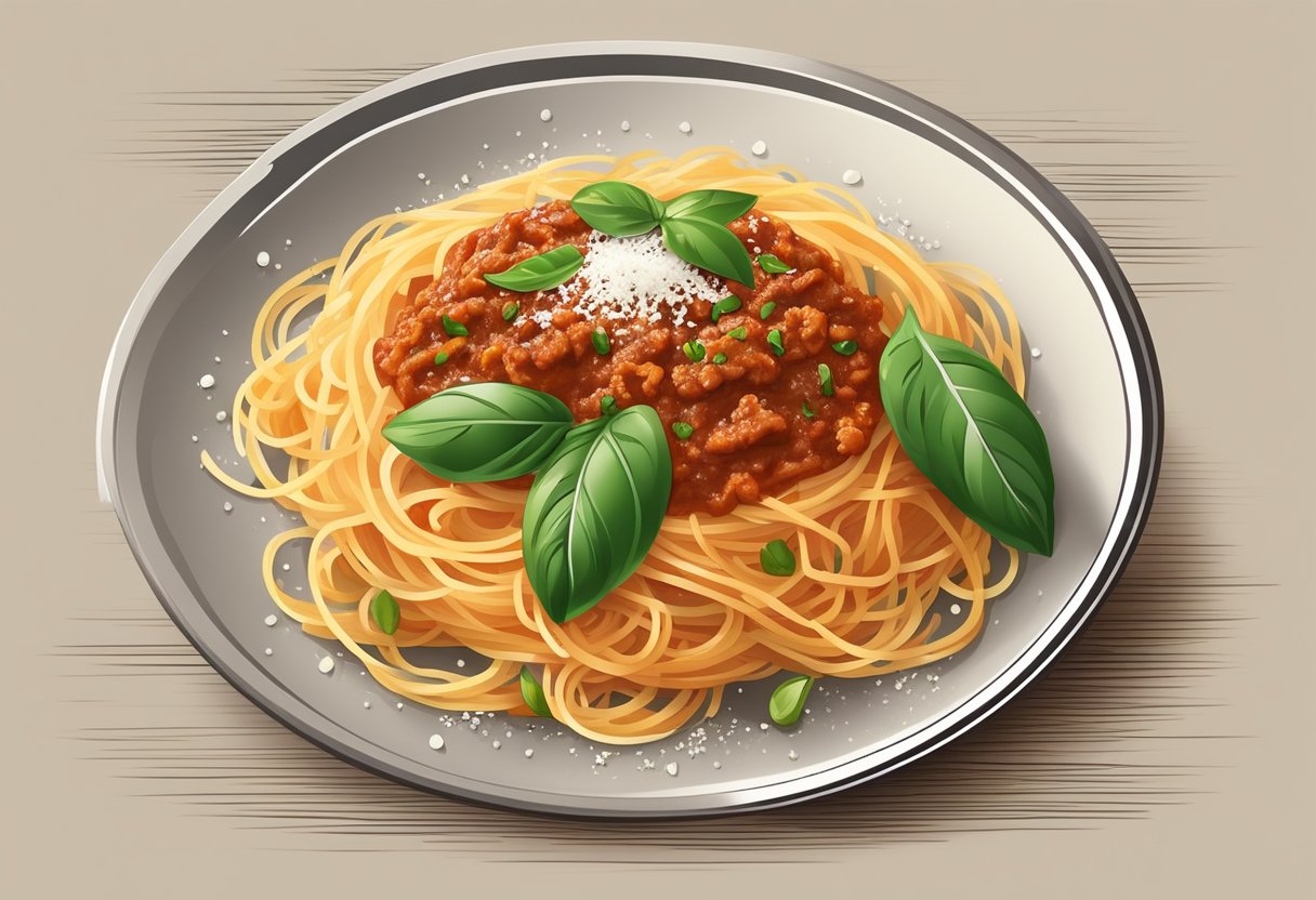 A steaming plate of spaghetti topped with rich, meaty Bolognese sauce, sprinkled with freshly grated Parmesan cheese, and garnished with a sprig of fresh basil