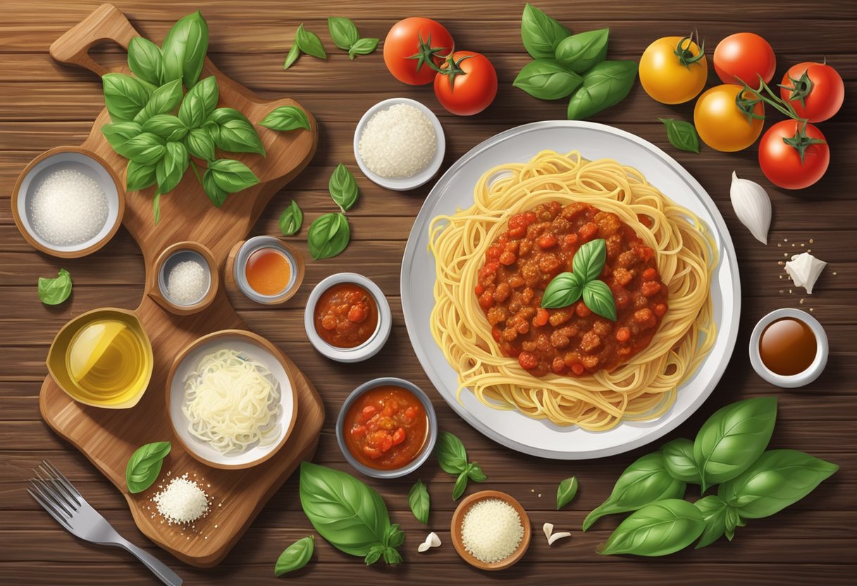 A steaming plate of spaghetti bolognese sits on a rustic wooden table, surrounded by fresh ingredients like tomatoes, basil, and parmesan cheese. A pot of bubbling sauce simmers on the stove in the background