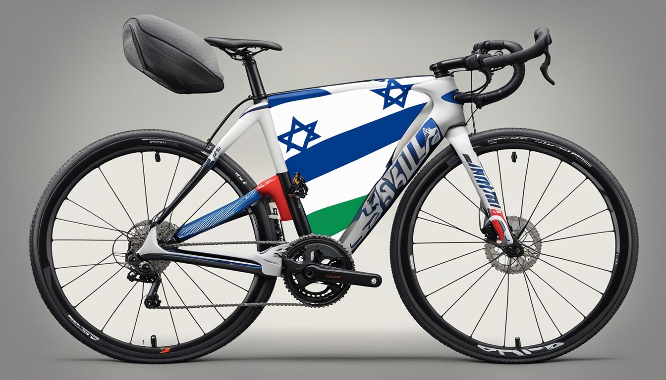 A Specialized bike with an Israeli flag sticker on the frame, surrounded by supportive messaging and imagery