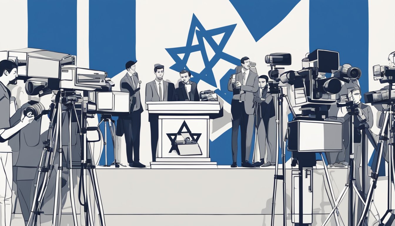 A group of journalists and cameras surround a podium with the Israeli flag, capturing the press conference on media support for Israel