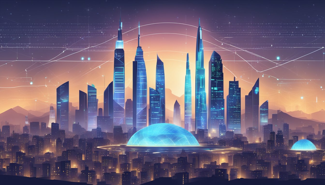 A futuristic city skyline with a glowing projection of Israel and data charts, symbolizing specialized support and future projections