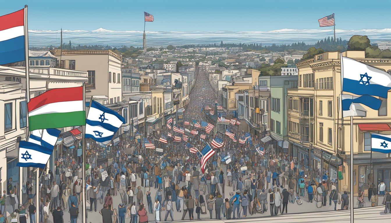 Santa Cruz skyline with Israeli and American flags flying, protesters holding signs for and against Israel