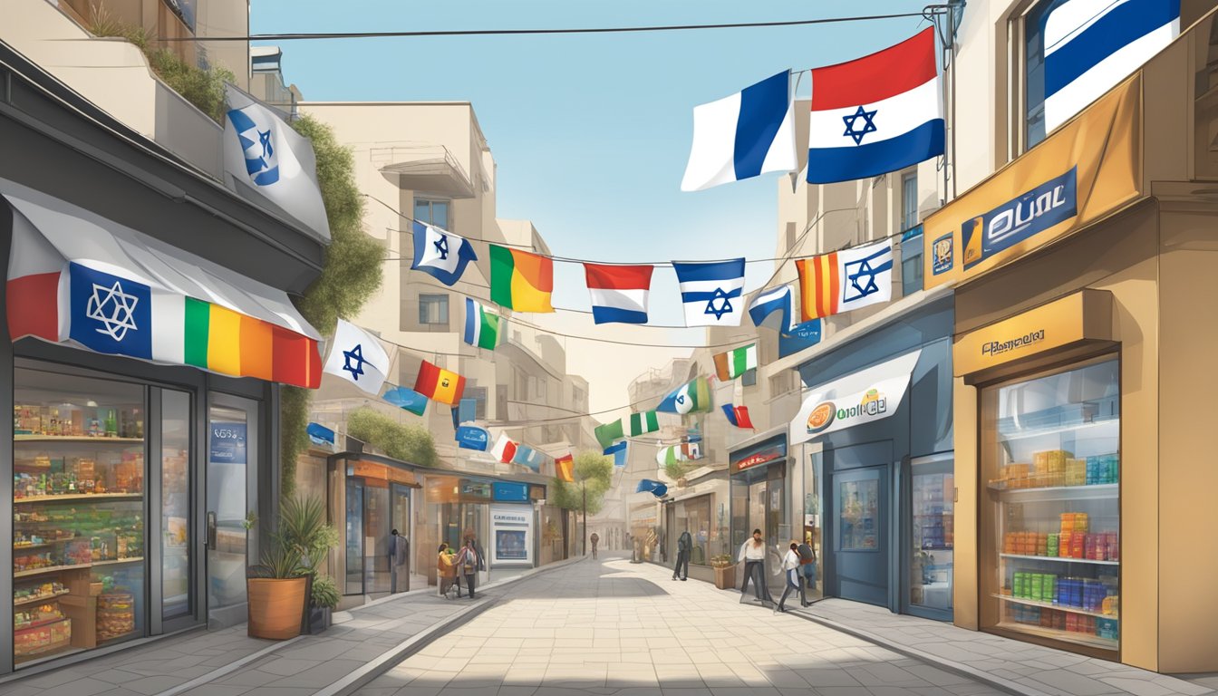 Global brands' logos displayed in Israeli cities. Operations include retail stores, offices, and distribution centers. Israeli flags may be seen alongside brand signage