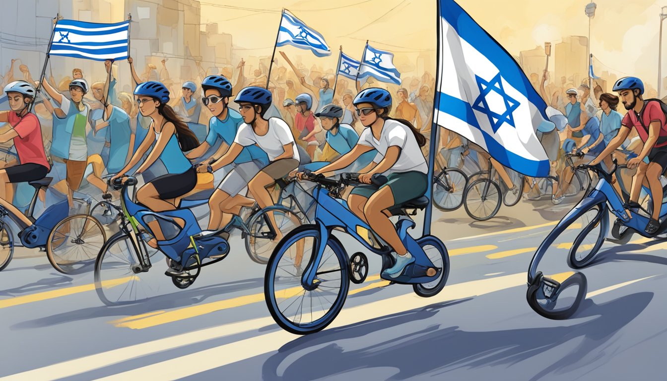 An Elliptigo bike with a flag of Israel attached, surrounded by diverse individuals engaging in peaceful activities