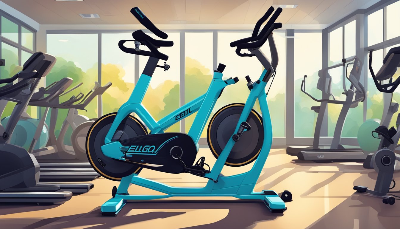 An Elliptigo bike stands in a gym, surrounded by various fitness equipment. A poster on the wall promotes alternative approaches in the fitness industry