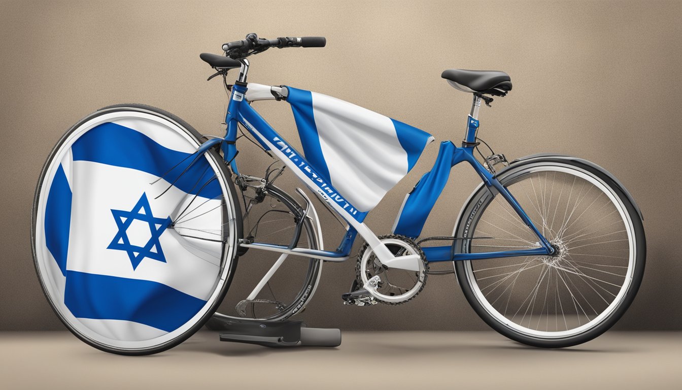 A bicycle with the Schwinn logo prominently displayed, surrounded by the flag of Israel and people wearing clothing with the Israeli flag design