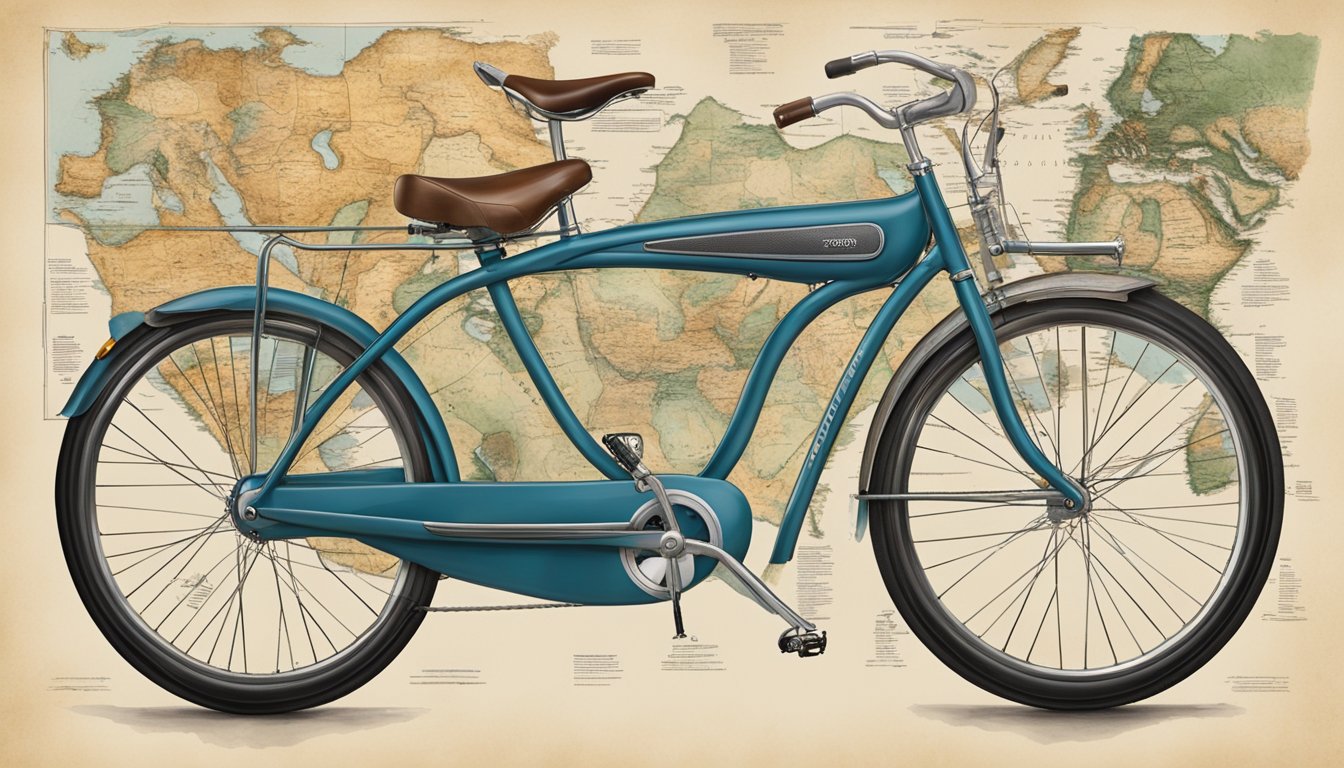 A vintage Schwinn bike surrounded by historical artifacts and maps of Israel, evoking the brand's historical context and potential support for the country