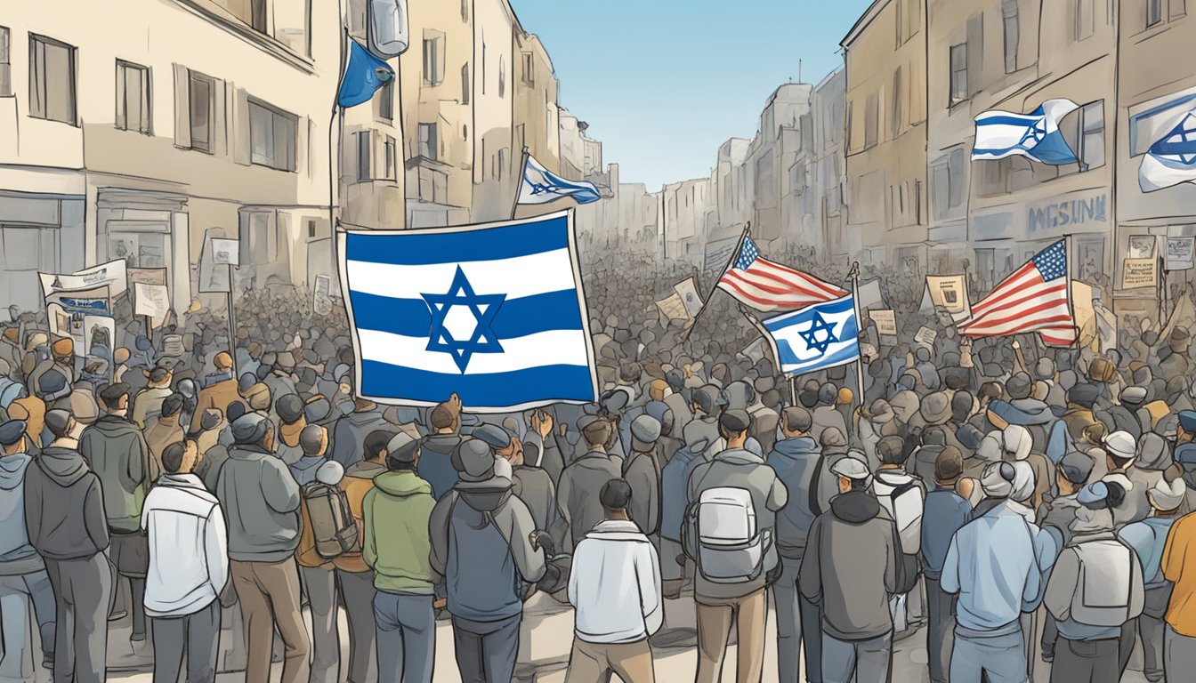 Schwinn's logo displayed next to an Israeli flag. Protesters holding signs with opposing viewpoints. Media cameras capturing the heated debate