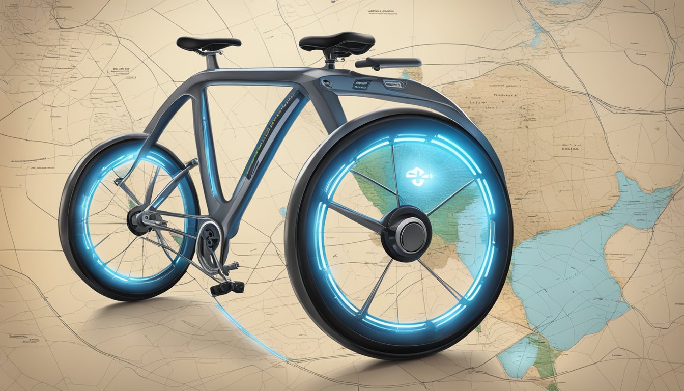 A futuristic Schwinn bicycle hovering over a map of Israel, with a glowing support symbol displayed above it