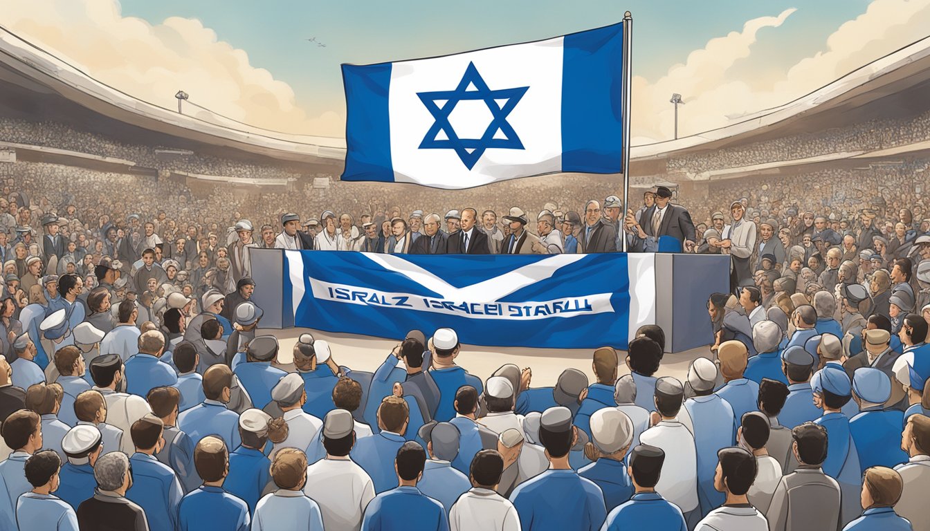 A crowd gathers around a podium with a large flag of Israel as Diamondback's logo is displayed prominently. Signs and banners with messages of support for Israel are held high, while speakers address the crowd with passion and determination