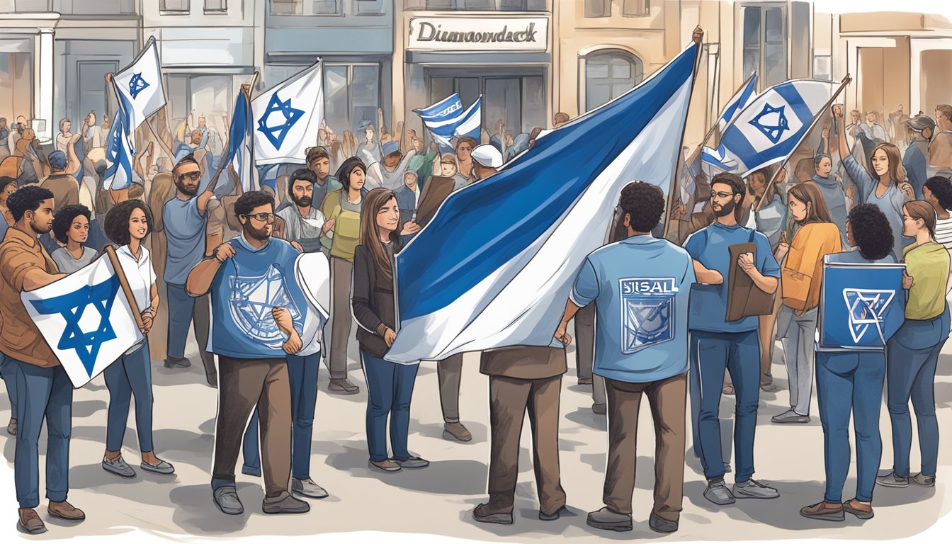 A group of people holding signs and flags, some with the Diamondback logo, expressing support for Israel. Others are engaging in discussions and making purchases at a Diamondback store