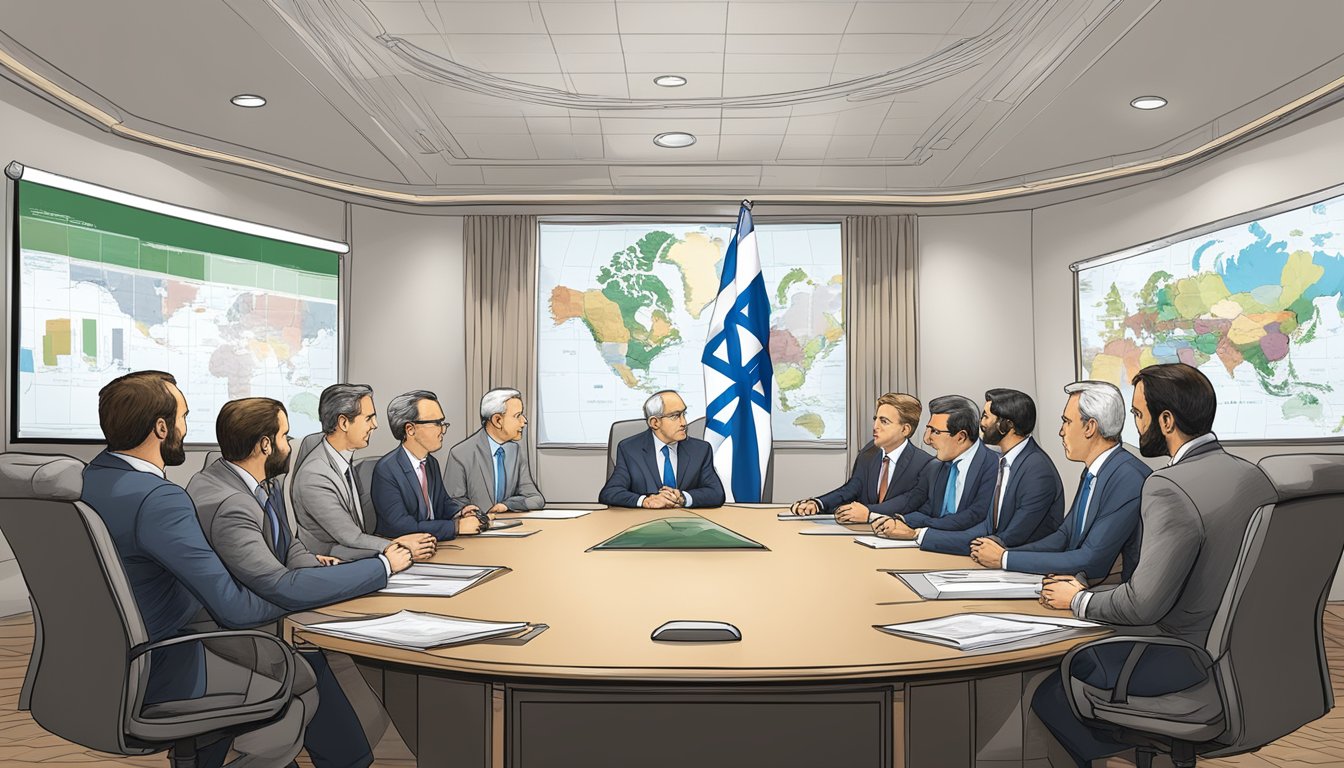 A boardroom meeting with executives discussing geopolitical conflicts, including the question of Diamondback's support for Israel. Maps and charts on the walls