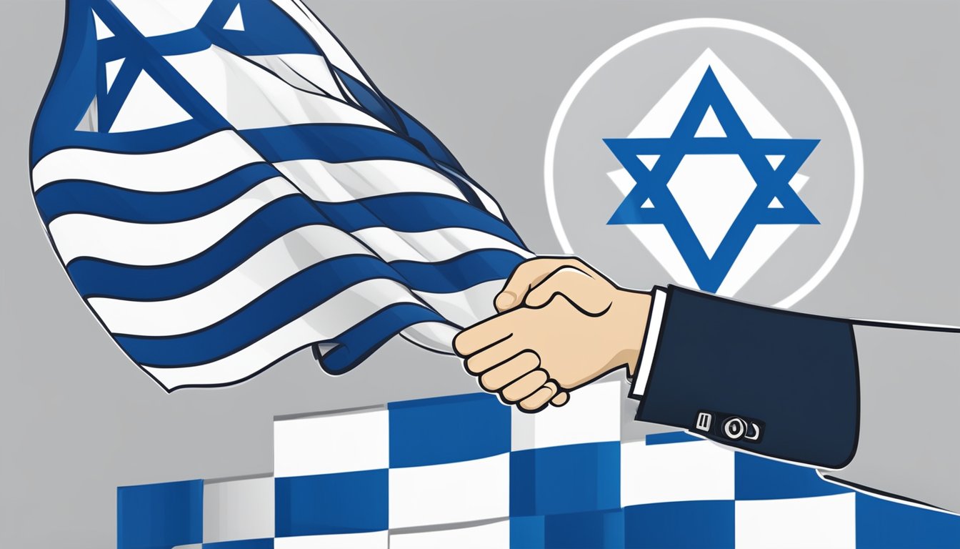 Diamondback logo alongside Israeli flag. Products displayed with Hebrew labels. CEO shaking hands with Israeli business partner