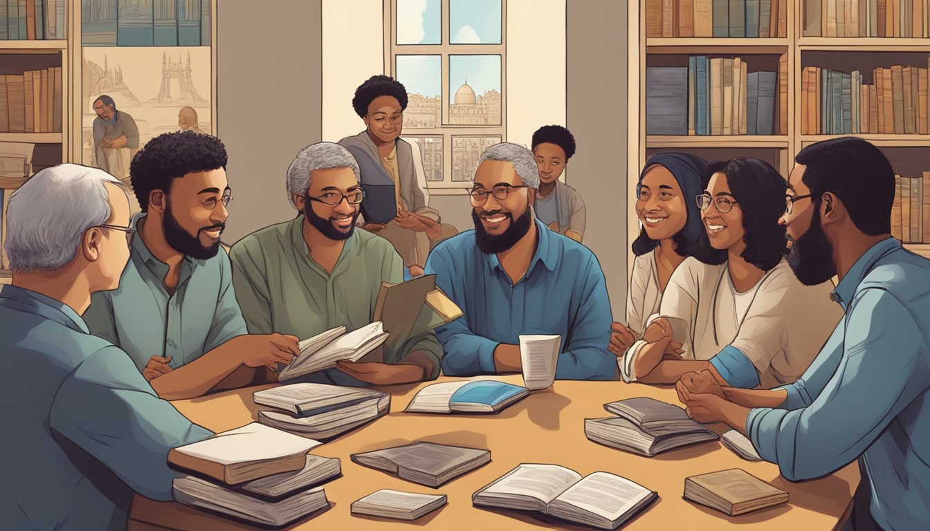 A group of diverse individuals engage in a lively discussion about Israel, with books and cultural artifacts from different countries displayed in the background