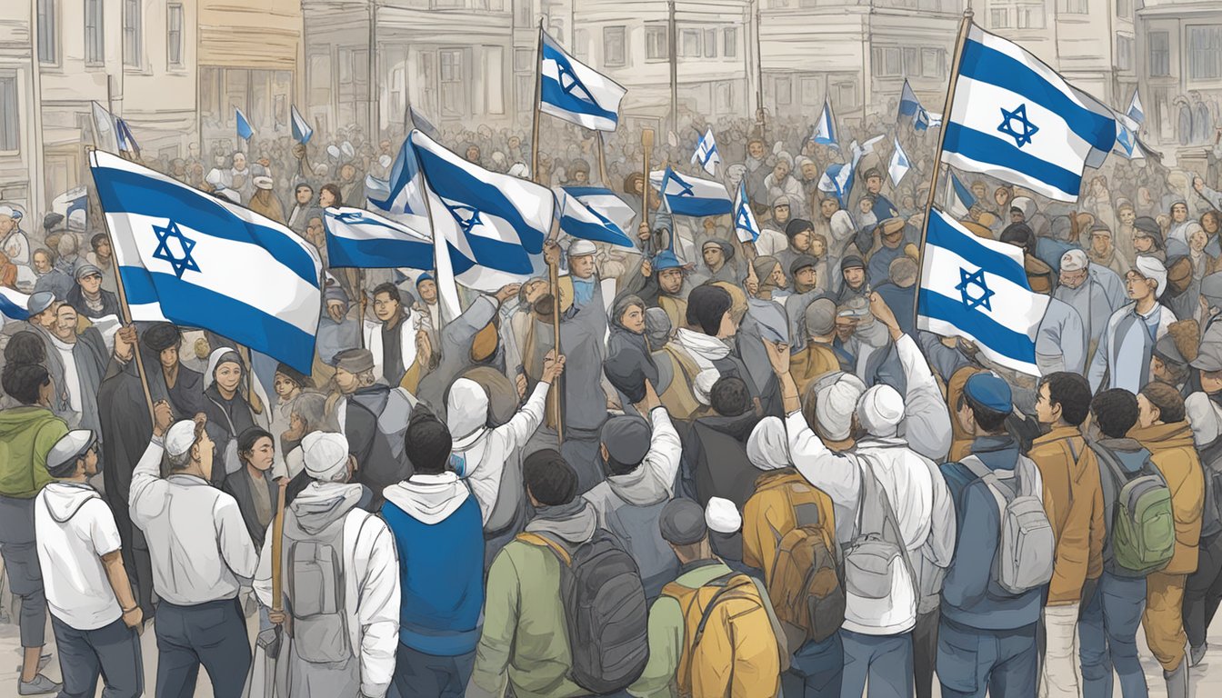 A group of people in Thule hold signs and flags in support of Israel, while others engage in heated discussions about the socio-political influences within the community