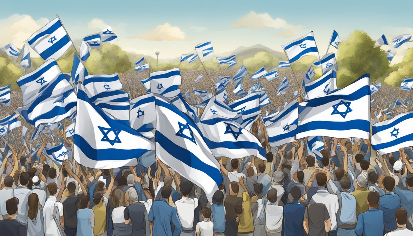 A crowd waves Israeli flags at a Yakima rally