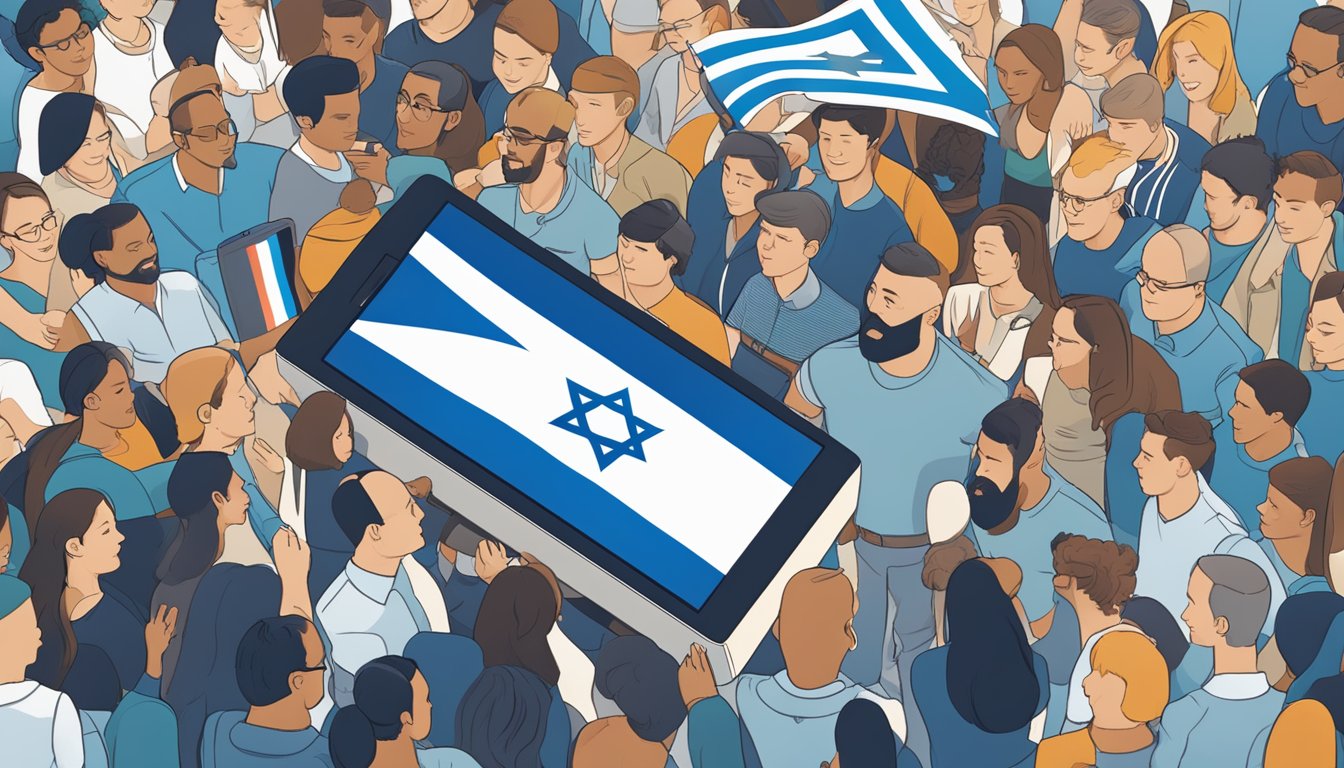 A Fitbit device displaying the Israeli flag on its screen, surrounded by a diverse group of people wearing the device