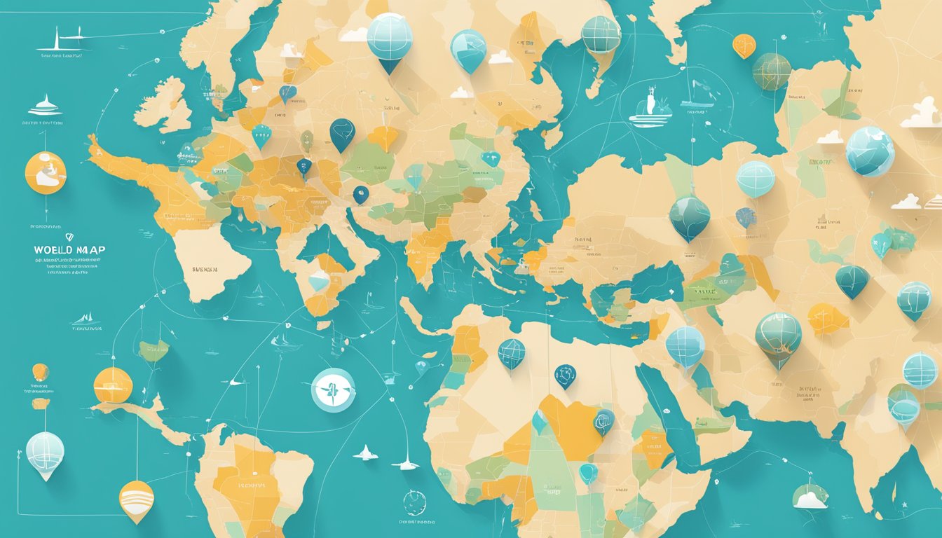 A world map with a highlighted area over Israel, surrounded by Fitbit devices and icons representing global connectivity