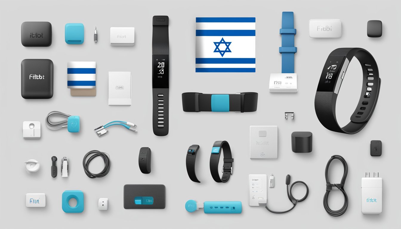 A Fitbit device with the Israeli flag displayed on its screen, surrounded by various Fitbit products and services