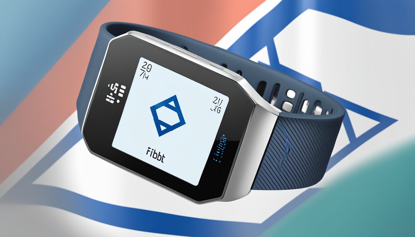 A Fitbit device seamlessly syncing with an Israeli smartphone, displaying data in Hebrew, with the Israeli flag in the background