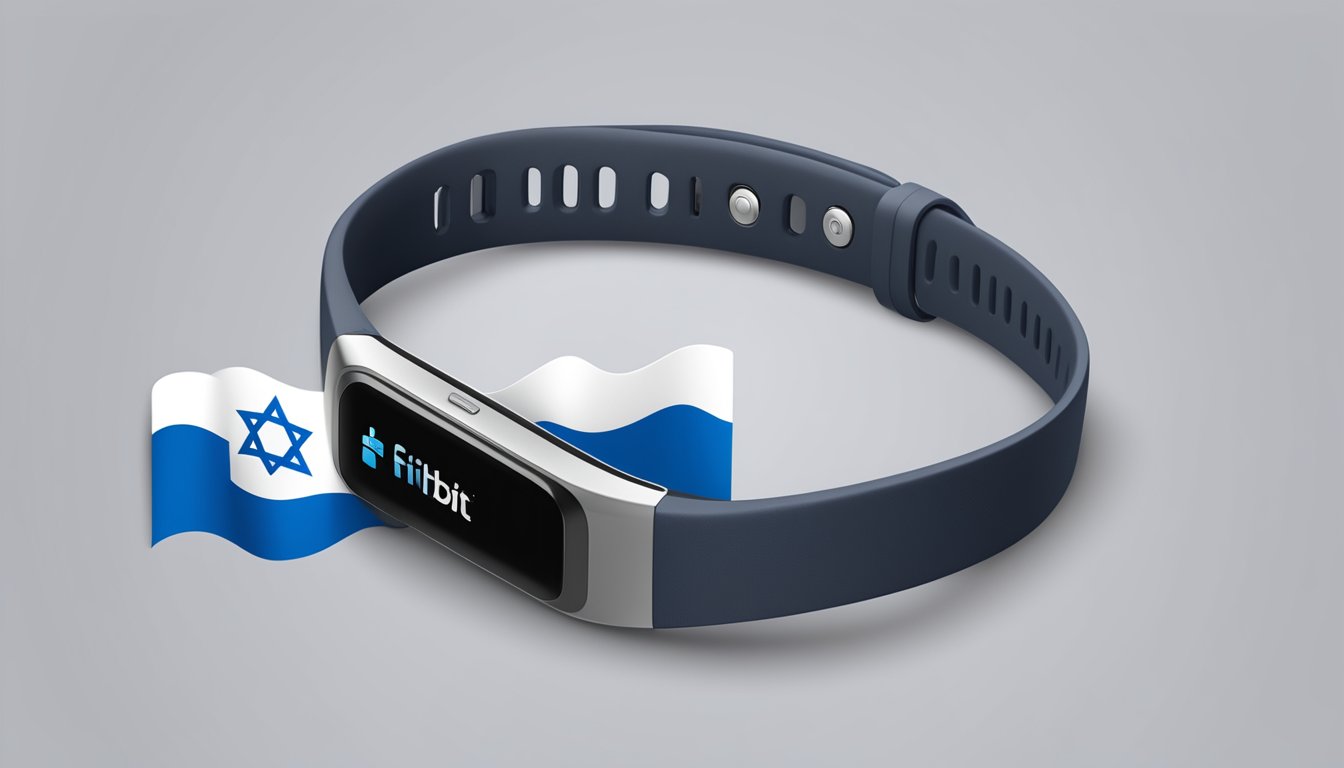 Fitbit logo displayed with Israeli flag. Text reads "Fitbit supports Israel" with company information and policies listed below