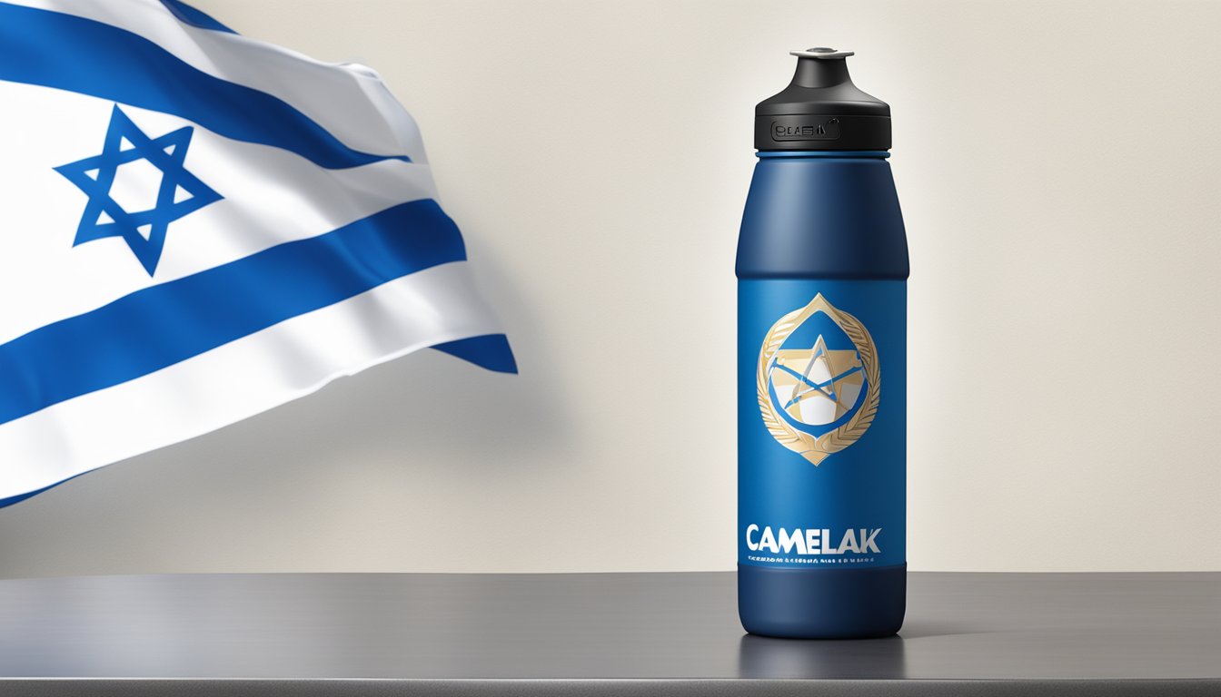 A CamelBak water bottle sits on a table with an Israeli flag in the background