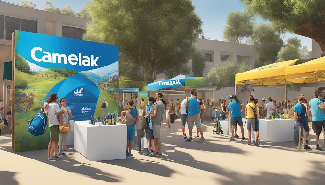 CamelBak's logo displayed at an outdoor event in Israel with people interacting and using CamelBak products