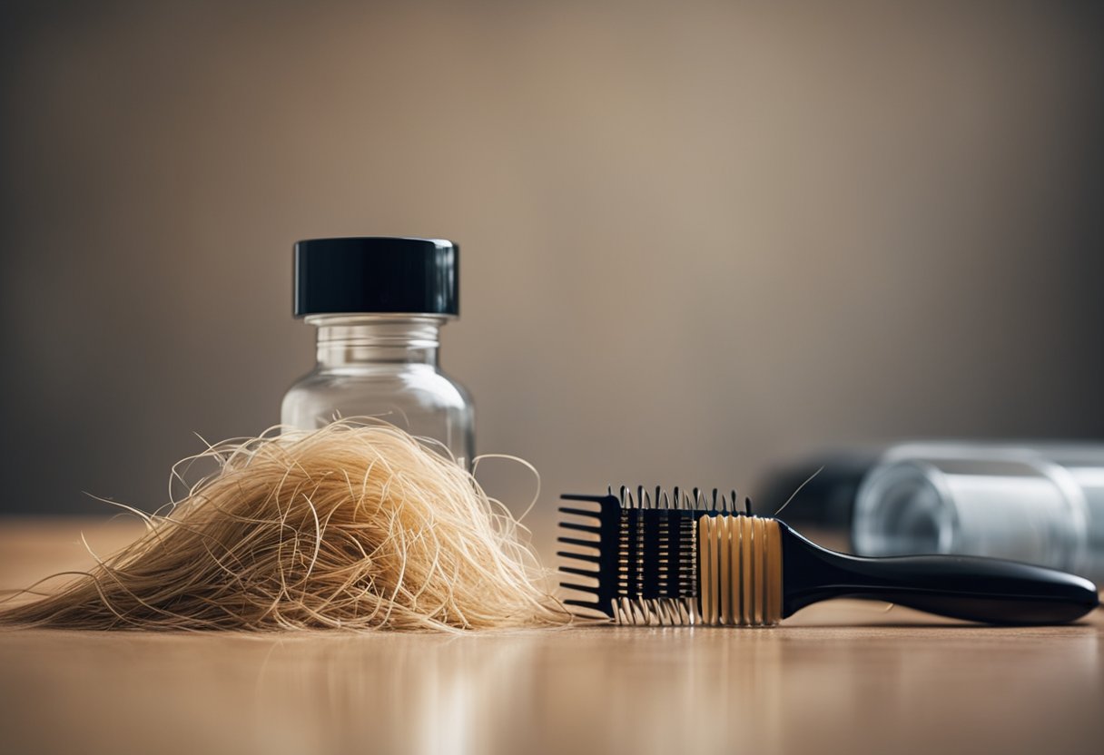 A pile of hair strands lies on the floor, accompanied by a bottle of hair loss treatment and a comb. The room is filled with natural light, creating a sense of hope and renewal