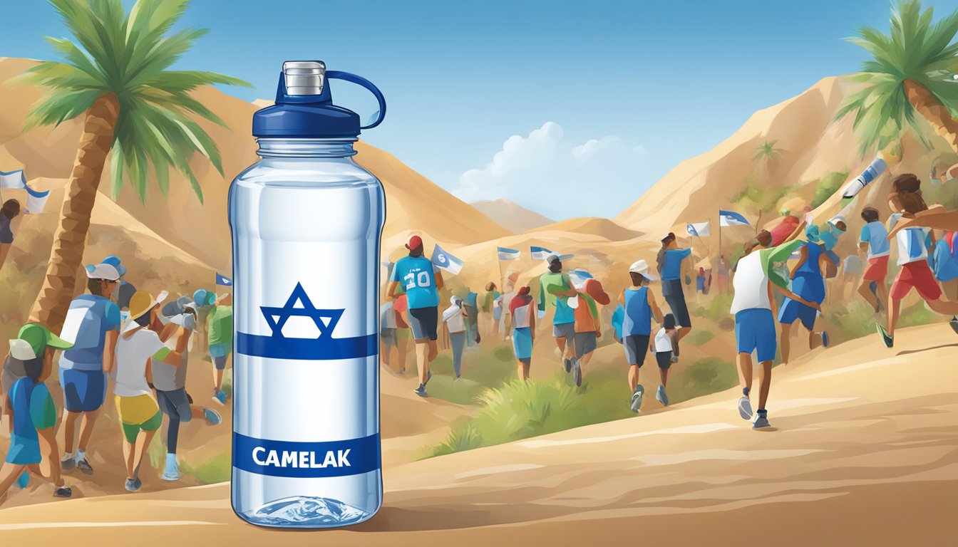 CamelBak logo with Israeli flag, water bottles, and community events