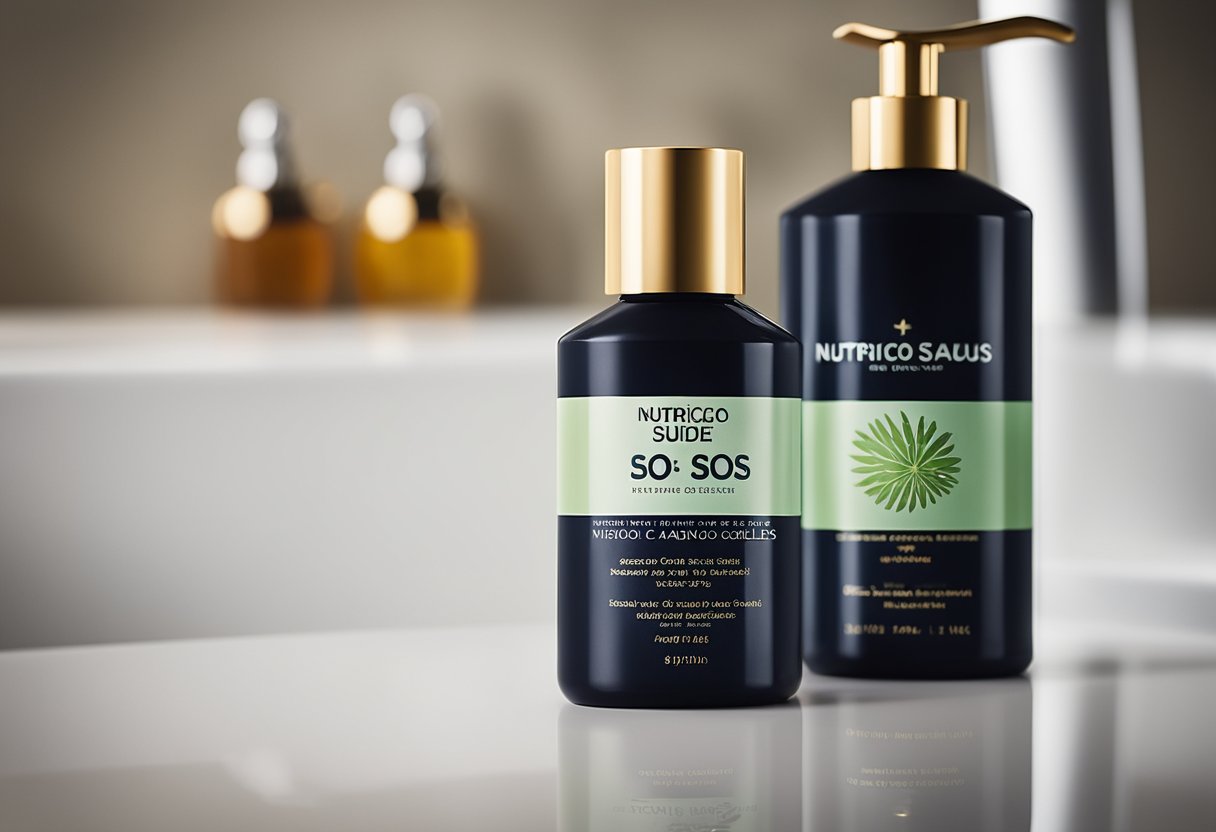 A bottle of hair serum sits on a clean, well-lit bathroom counter. The label reads "Nutrição e Saúde dos Fios SOS Cabelos Caindo" in bold, vibrant colors