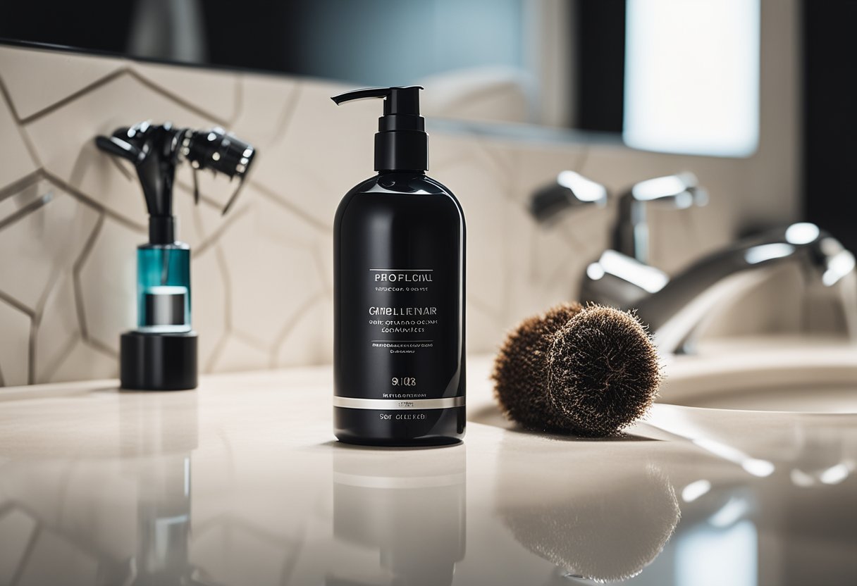 A bottle of hair care product surrounded by fallen hair strands on a bathroom counter