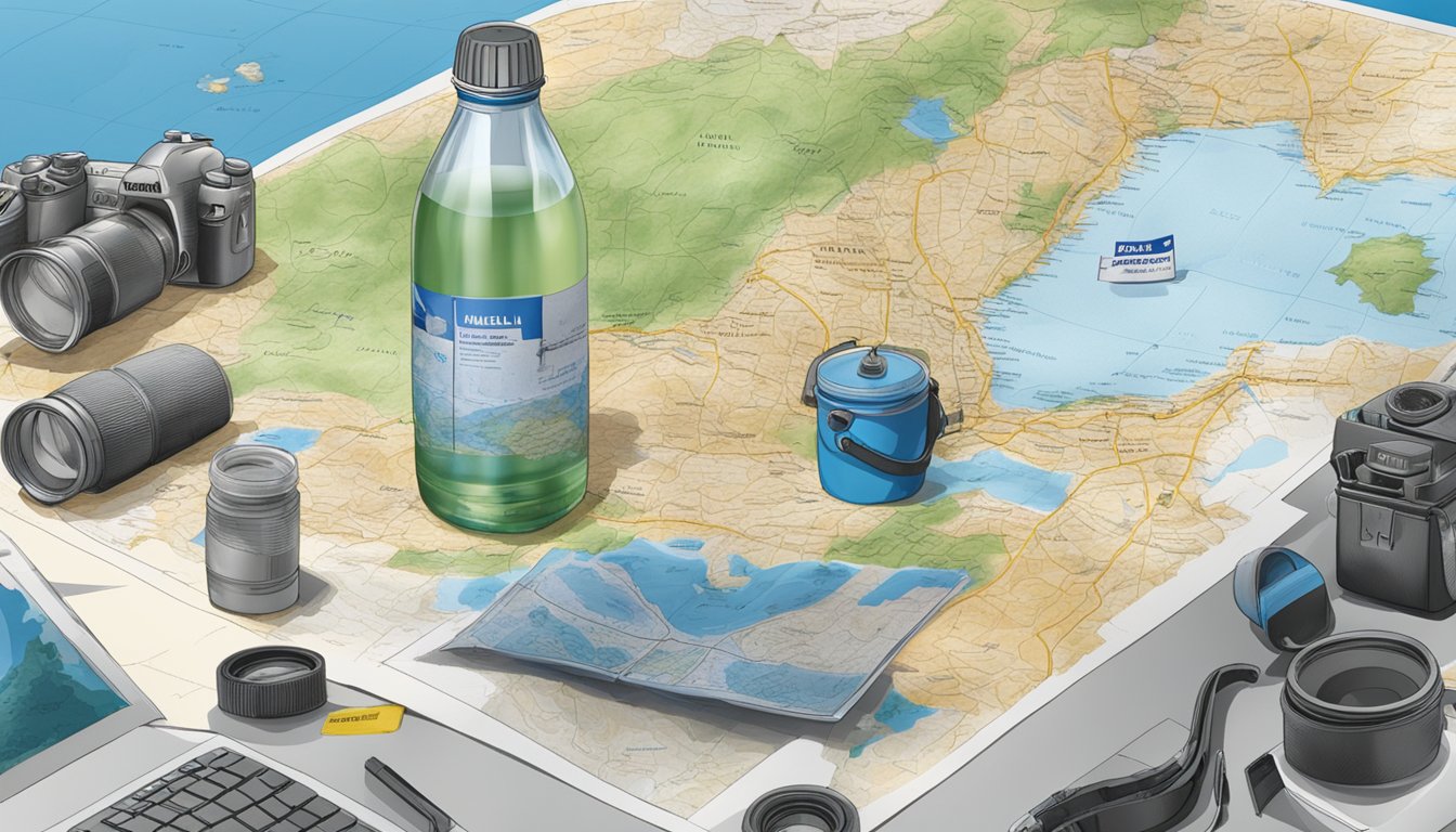 A table with a CamelBak water bottle and a map of Israel, surrounded by reporters and cameras