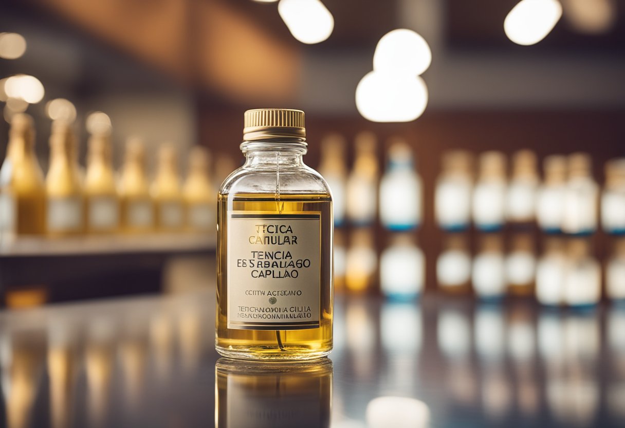 A bottle of hair serum sits on a table, surrounded by vibrant, healthy-looking strands of hair. The label reads "Técnicas de Estimulação Capilar SOS Cabelos Caindo."