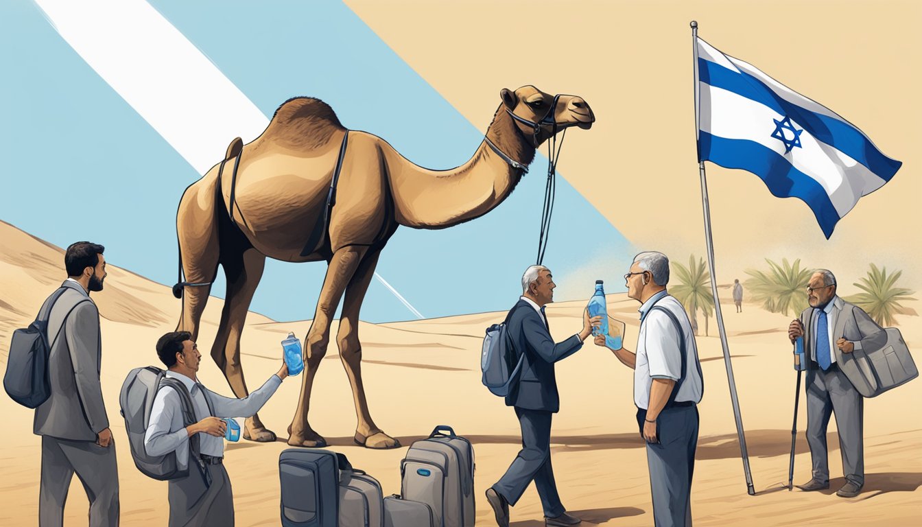 A camel carrying a CamelBak water bottle stands beside an Israeli flag, while a group of businesspeople engage in discussion