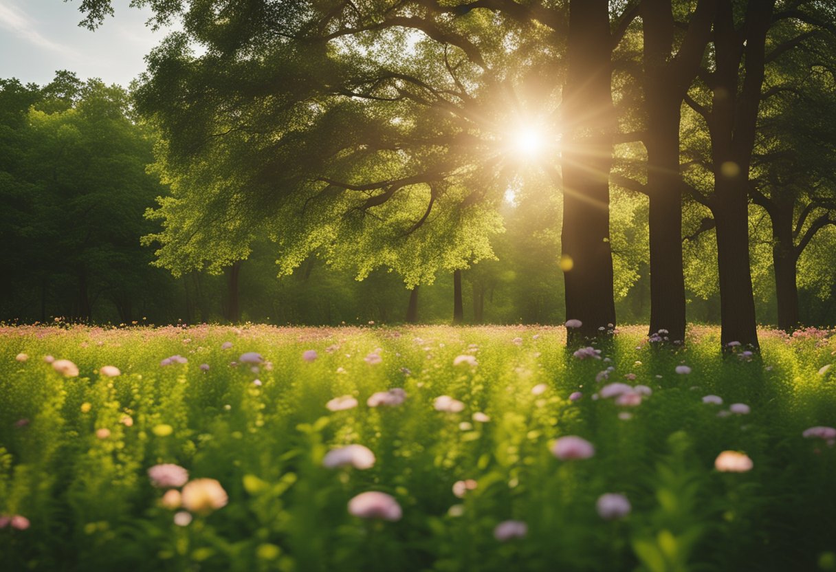 A lush green field with vibrant flowers blooming, surrounded by tall, sturdy trees. The sun is shining brightly, casting a warm glow over the scene