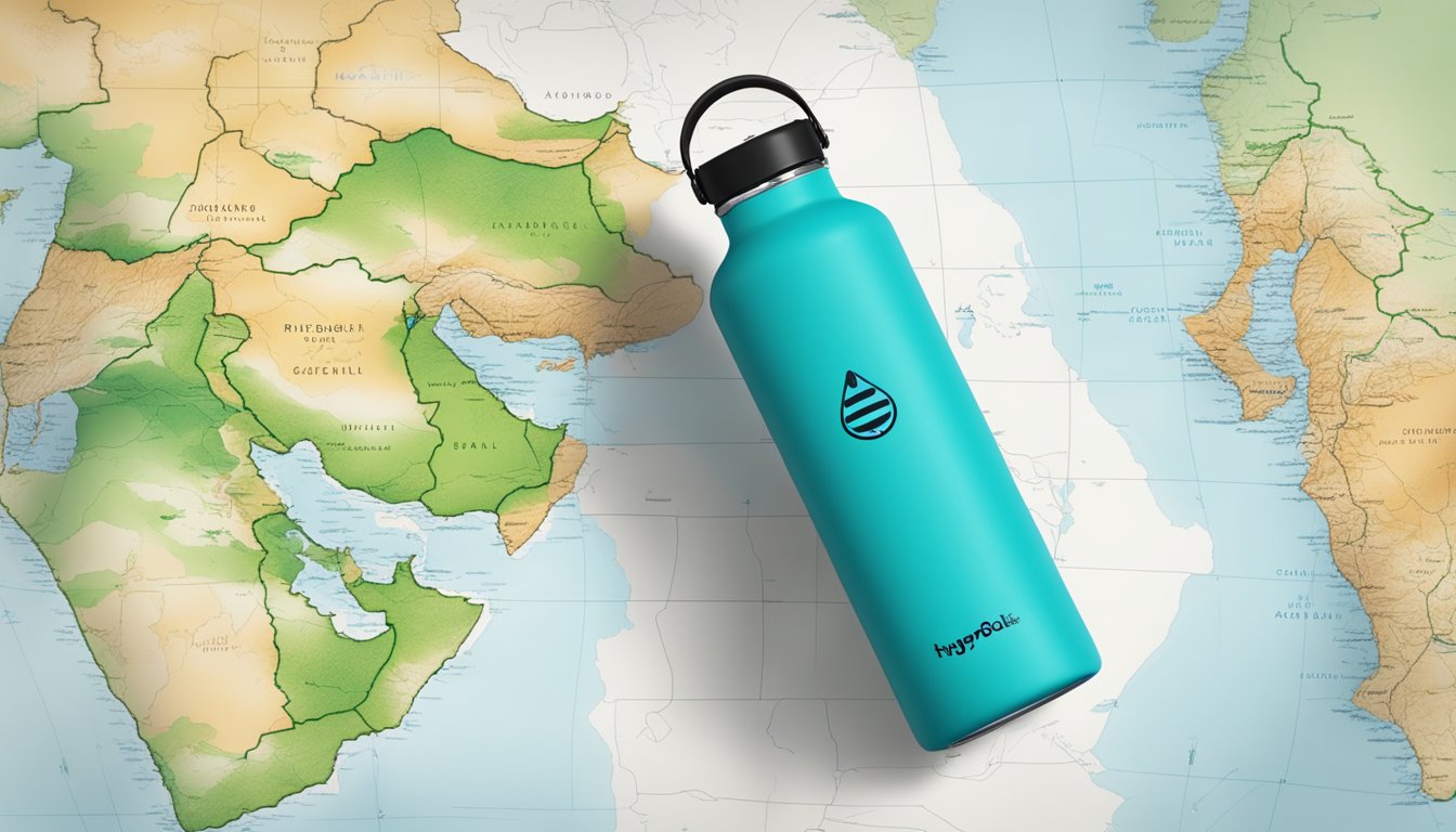 A Hydro Flask logo flying over a map of Israel, with a checkmark next to the country's name