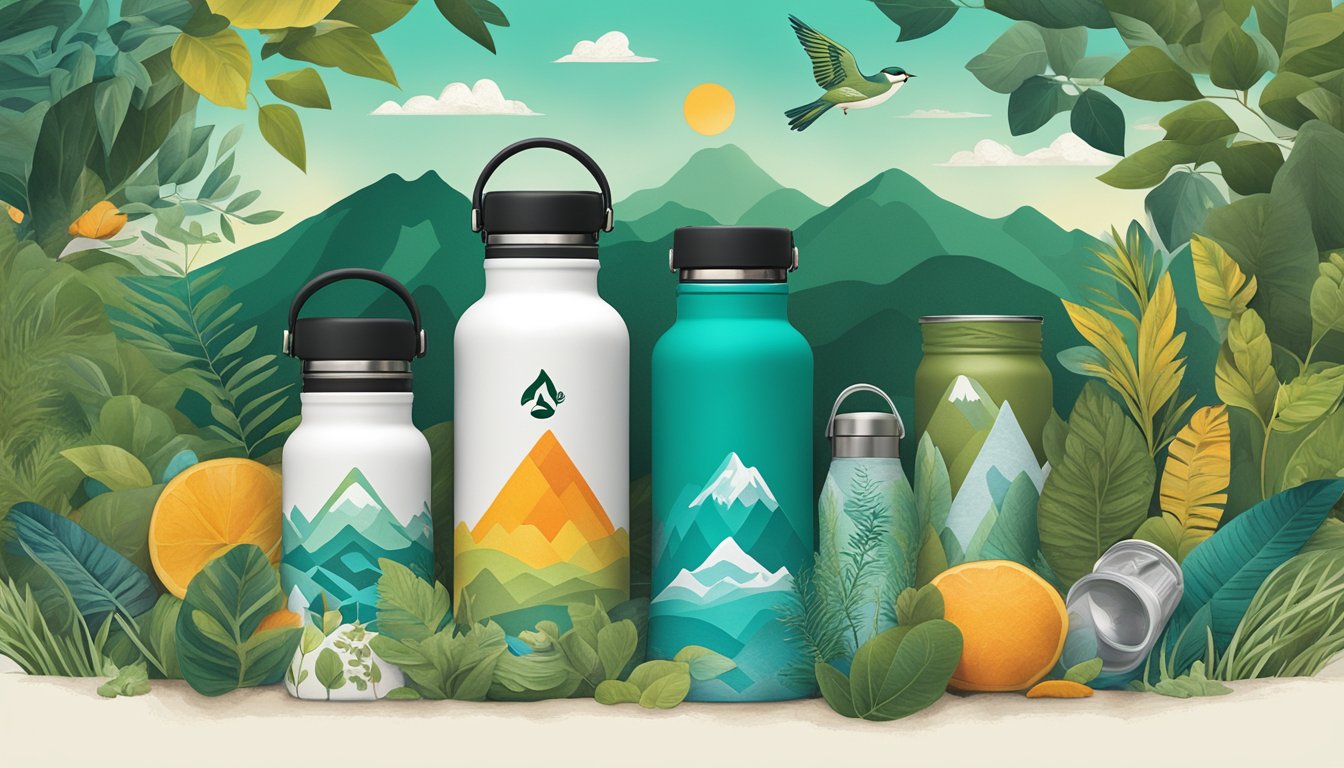 A scene of Hydro Flask's logo and products with a backdrop of nature and sustainability symbols