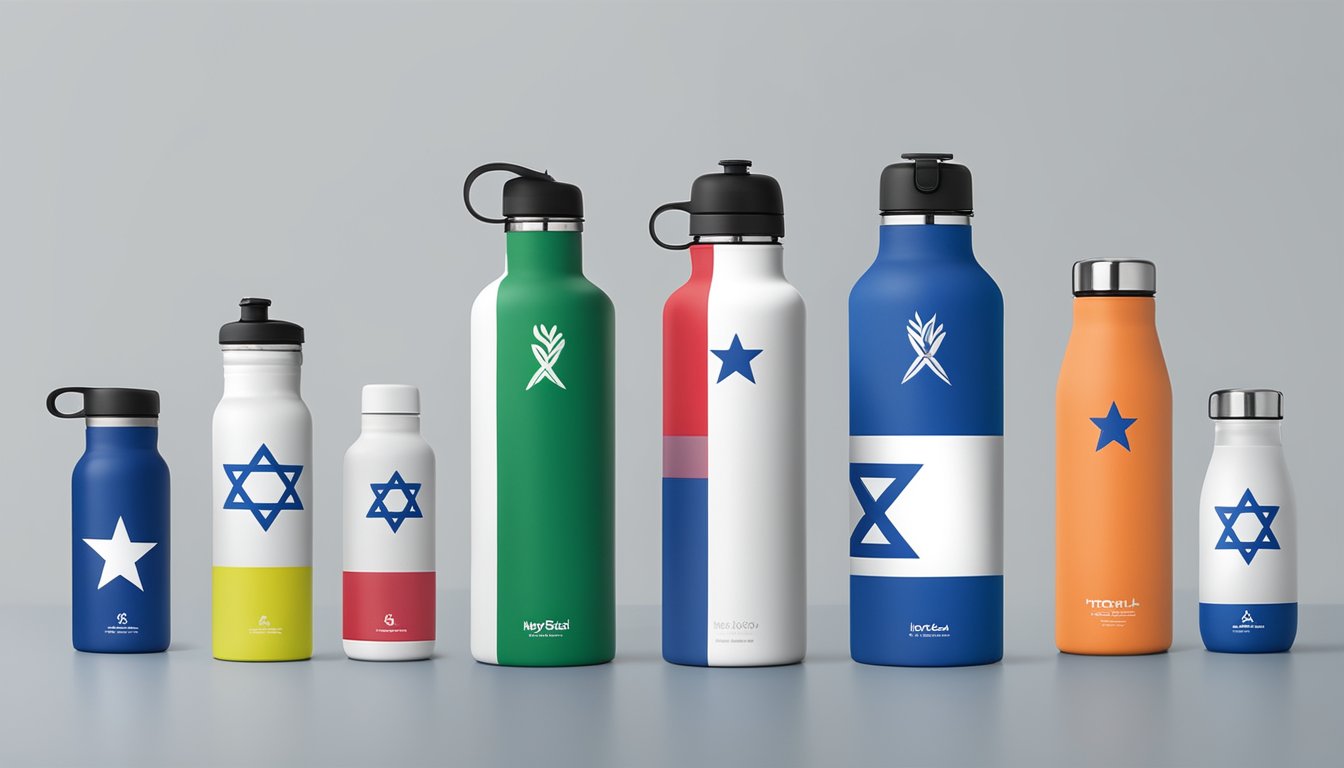 A group of Hydro Flask products stands out among competitors, with a prominent Israeli flag displayed