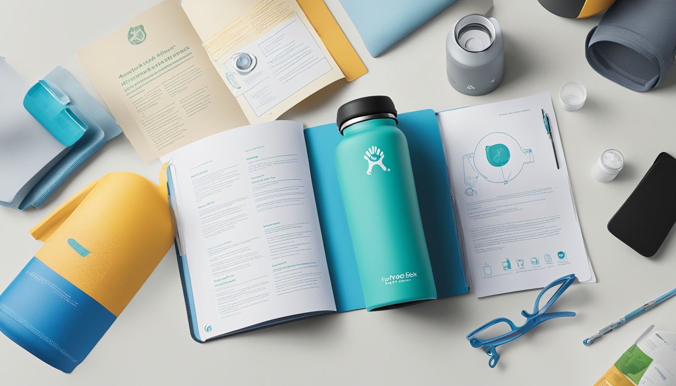 A Hydro Flask product manual lies open on a clean, well-lit table. The logo is prominently displayed, and the text discusses care and maintenance instructions