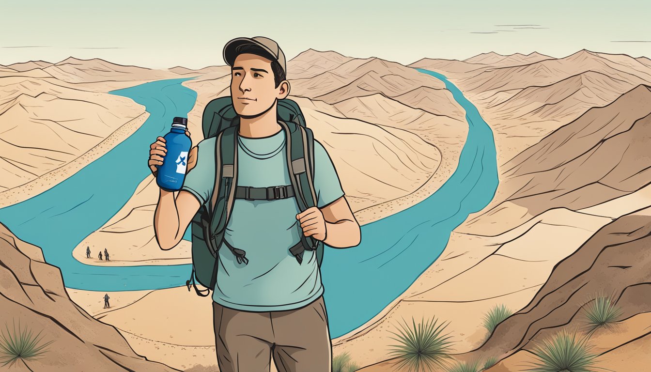 A person holding a Hydro Flask in one hand while hiking in the desert with a map of Israel in the background