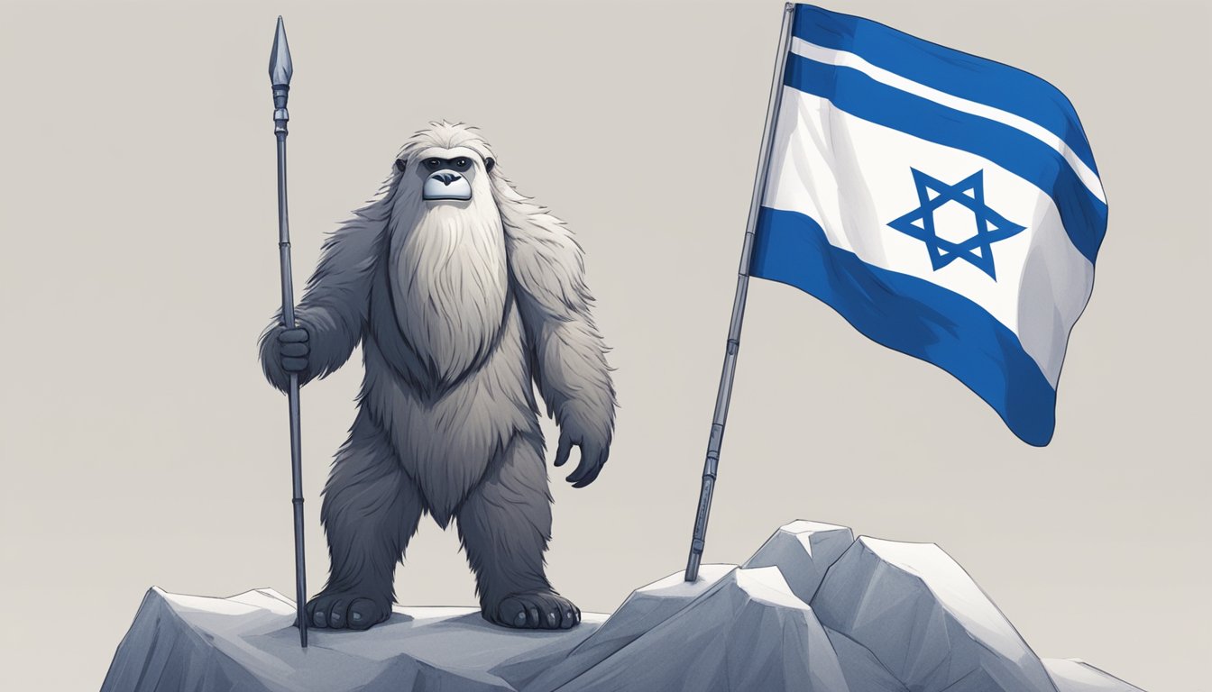 A Yeti figure stands next to an Israeli flag, showing support