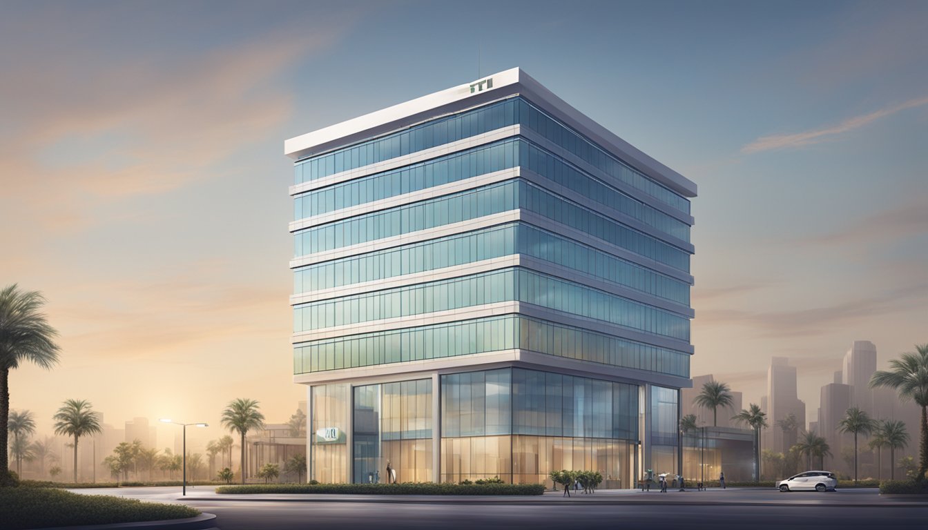 A modern office building in the Middle East with a prominent Yeti logo. The building stands tall and sleek, with a clean and professional aesthetic