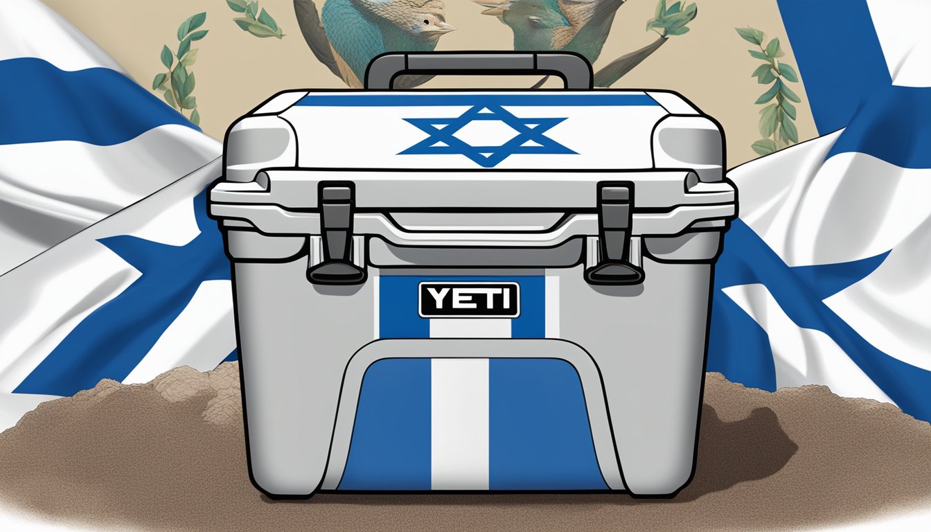 A Yeti cooler sits atop an Israeli flag, surrounded by corporate mission statements and values