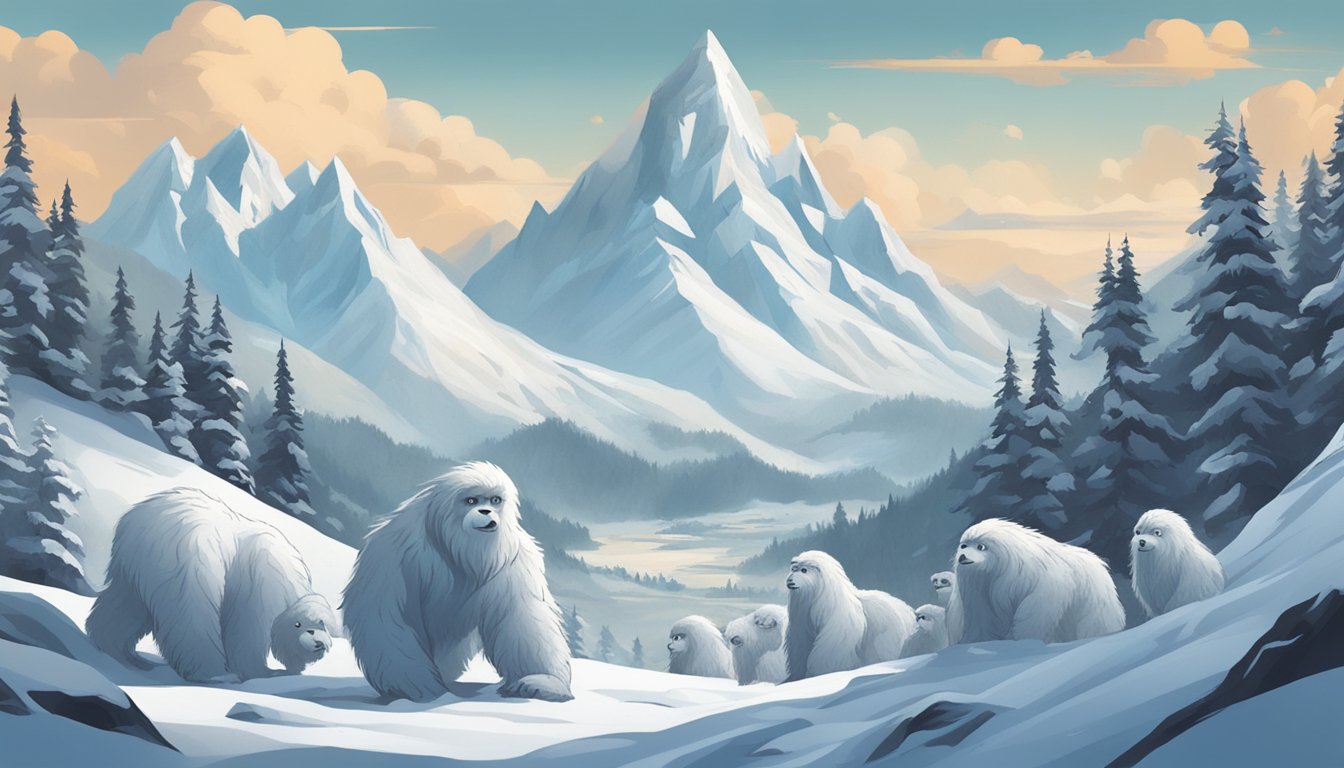 A snowy mountain landscape with a prominent Yeti figure, surrounded by smaller creatures. No human presence