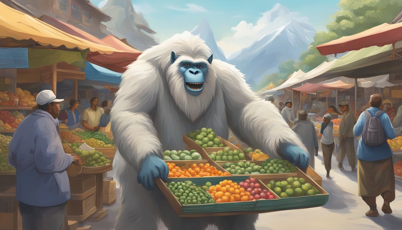 A large Yeti stands among bustling market stalls, exchanging goods with eager merchants. The Yeti's presence brings a sense of prosperity to the bustling marketplace