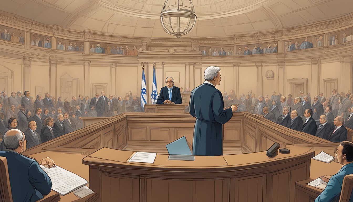 A courtroom with a judge presiding over a legal case. A map of the world in the background with a focus on the Middle East and Israel. Media and political figures observing from the gallery