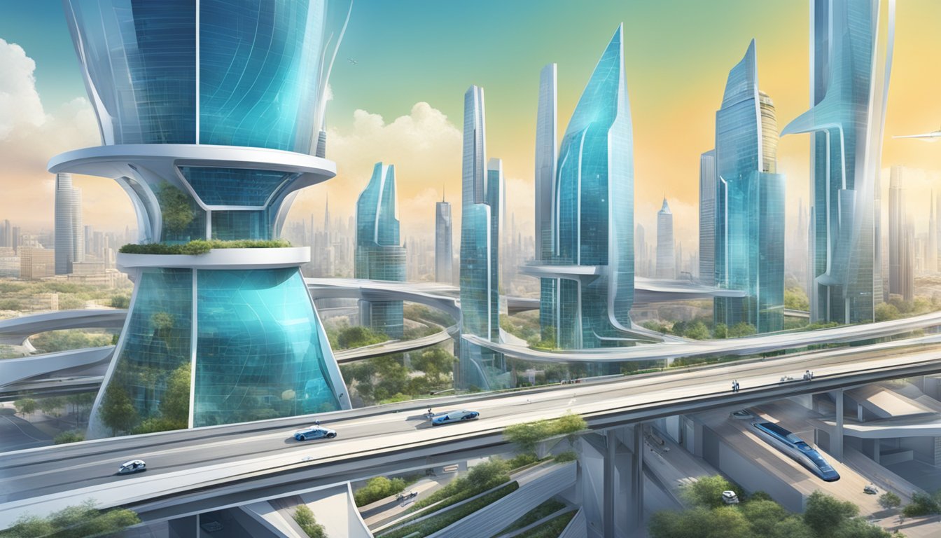 A futuristic cityscape with advanced infrastructure and technology, showcasing Israel's innovation and contributions