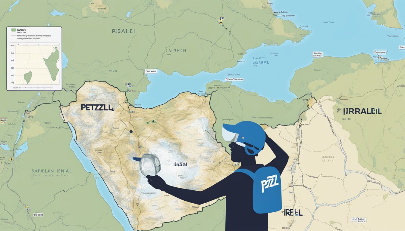 A person holding a Petzl headlamp with the brand logo visible, while standing in front of a map of Israel